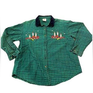 Nutcracker velvet collar Christmas candles plaid button down size large